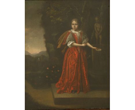 Dutch School, late 17th centuryPORTRAIT OF A YOUNG LADY AS DIANA, FULL LENGTH, IN A RED DRESS STANDING BY A FOUNTAIN Oil on c