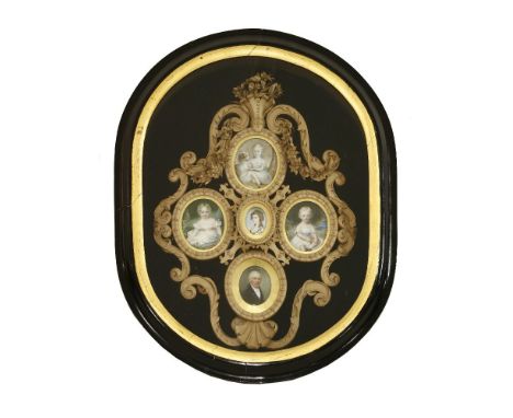 An elaborately moulded and cut leather openwork frame laid on blue plush, within a glazed and painted outer case with gilt bo