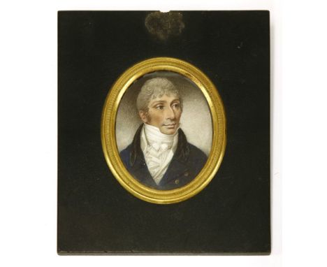 French School, early 19th centuryPORTRAIT OF A GENTLEMAN, BUST LENGTH, IN A BLUE COAT AND WHITE STOCKMiniature on ivory 64 x 