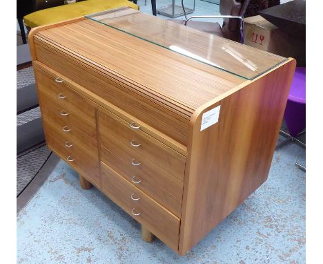 PETER MORGENSEN BUREAU, with a tambour top and glass shelf, 65cm D x 100cm W x 85cm H.