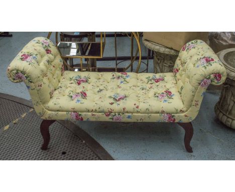 WINDOW SEAT, Georgian style mahogany with floral primrose yellow button upholstered seat and scroll arms, 138cm x 52cm x 73cm