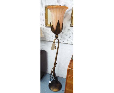 STANDARD LAMP, Art Nouveau style, brass floral design, with glass shade, 175cm H.