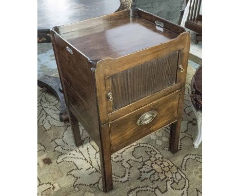 BEDSIDE COMMODE, George III, mahogany, the galleried top over a tambour fronted cupboard and leather lined pull out base (ada