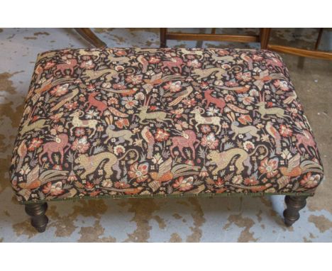 HEARTH STOOL, rectangular, with animal patterned tapestry style upholstery, 90cm x 66cm.