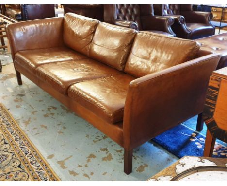 DANISH STOUBY SOFA, three seater, tan leather, 199cm W x 81cm D x 93cm H.