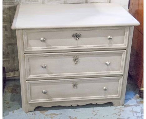 COMMODE, 19th century French traditionally grey painted with three long drawers, 92cm x 54cm D x 78cm H.