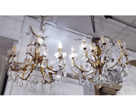 CHANDELIER, gilt metal with glass droplets, ten branches, approx 60cm W x 60cm D, and another chandelier with fifteen branche