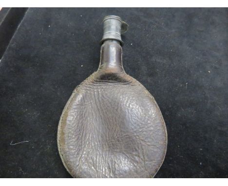 Early leather &amp; metal powder flask 