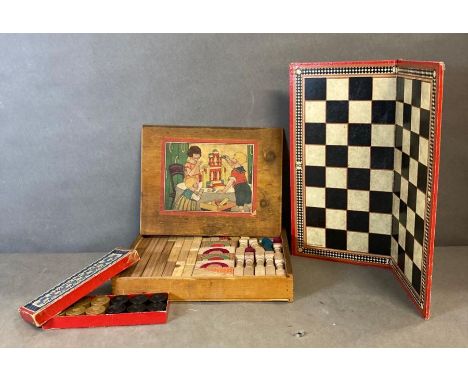 Vintage Toys Chad Valley Bakelite draughts set and board, along with a wooden building set.