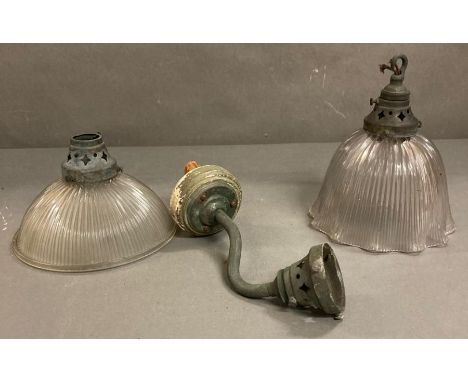 Two vintage glass pendant lamp shades and a wall light 