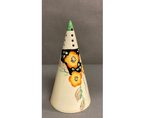 A conical sugar shaker in the style of Clarice Cliff