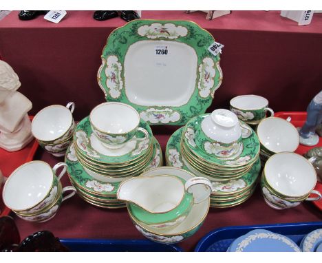 Aynsley Early XX Century Tea Service, of thirty nine pieces, with exotic birds in cartouches within green borders, numbered 3