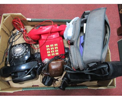 Canadian ITT Black Anvil Telephone, Red Direct Line telephone on faux wheels. Kodak, Pentax, Minolta and other camera, access