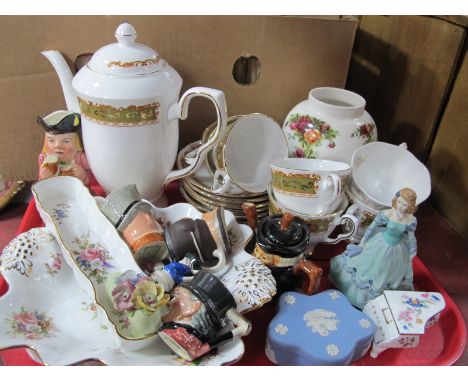 Stafford 'Park Lane' Coffee Ware, Coalport figurine, small character jugs, Wedgwood, Hammersley, other ceramics:- One Tray.