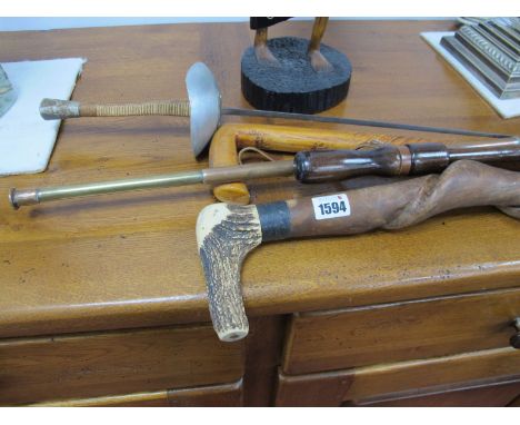 A Walking Stick with a Horn Handle, Wilkinson Sword fencing sword, XIX Century copper hunting horn. (5).