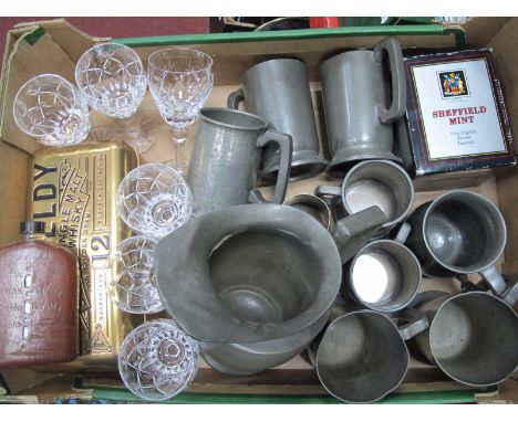 Pewter Mugs, a set of six Whitefriars wine glasses, decanter, etc:- One Box.