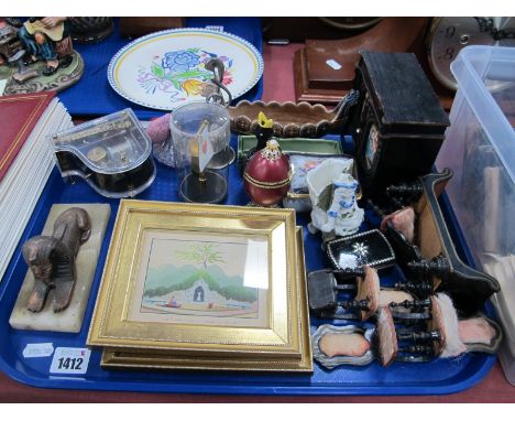A Pair of Miniature Watercolours, model Sphinx, XIX Century snuff box, model dolls house furniture, etc:- One Tray.