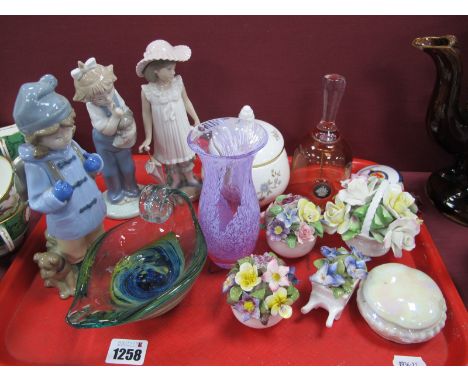 Three Nao Figures, posies, glassware, etc:- One Tray.