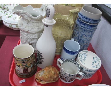 Two Charles Meigh XIX Century Stoneware Pottery Jugs, (faults) German Stein, Coalport decanter, farmers mug, etc:- One Tray.