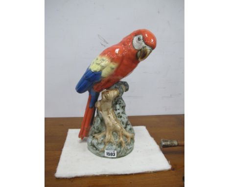 Royal Dux Ceramic Macaw Parrot, on naturalistic base, applied pink triangular plaque and stamped 24500