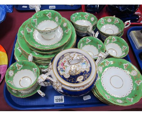 A XIX Century Porcelain Sucrier, hand painted with roses, XIX Century tea ware of twenty four pieces in green and gilt, numbe