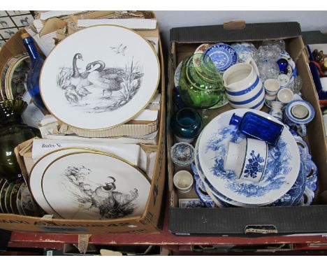 Doulton, Wedgwood and Other Ceramic Plates, blue and white pottery, glassware, etc:- Two Boxes.