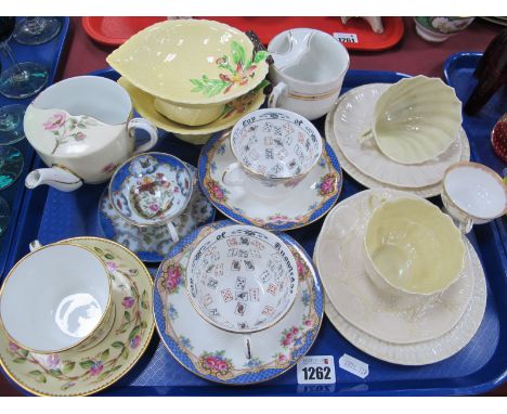 Aynsley Cup of Knowledge Cups and Saucers, Beleek, Moustache, and other tea ware, Carlton leaf dishes:- One Tray.