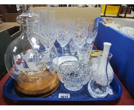 A Ship in a Bottle (H.M.S Victory), Champagne Flutes, carriage clock etc:- One Tray.