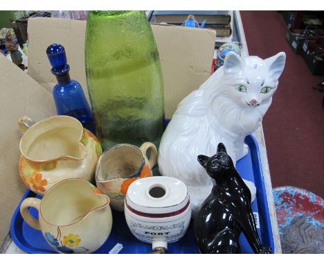 Two Model Cats, decanter, crackle green glass vase, 31cm high, 1930's jugs etc:- One Tray.                                   