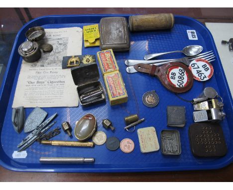 Travelling Inkwell, bearing anchor stamp, 'Our Boys' booklet, two Military badges, bus driver badges, three whistles, Silver 