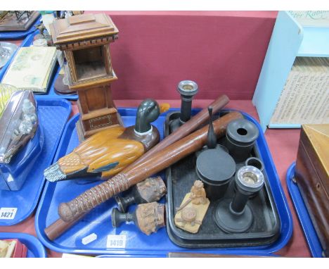 Hardwood Truncheon, with ring turned handle, ebony trinket set, mini long case clock case, etc:- One Tray.