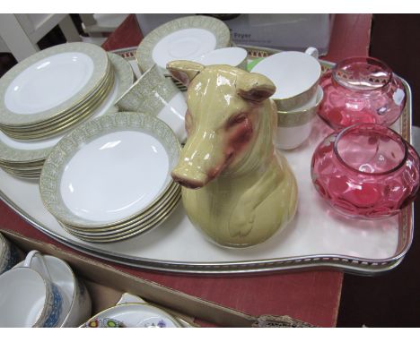 Royal Doulton 'Sonnet' Tea-Dinner Service, pottery pig, jug, two cranberry glass bowls decorated with flowers. etc:- One Tray