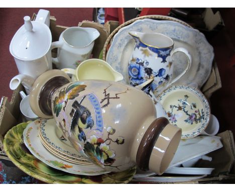 A XIX Century Glass Vase, Spode coffee pot, cups, Sarreguemines plate:- One Box.