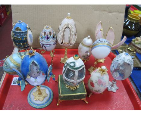 Rider-Smart Kit Built Fabergé Style Eggs, on gilded bases, etc:- One Tray.