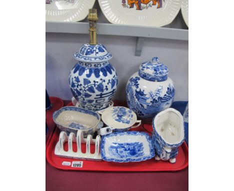 Mason's Willow Pattern, ginger jar (lid chipped), table lamp, dish, other blue and white pottery:- One Tray.