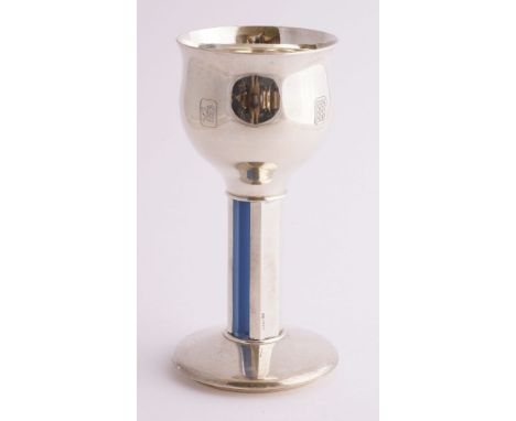 A modern silver goblet, Brian Asquith, Sheffield, 1992,the ogee bowl engraved with four motifs, the reverse engraved, the foo