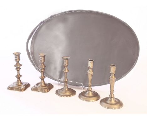 A close plated serving tray,19th century, with a galleried rim,62 x 40cm,two pairs of 18th century-style cast brass table can