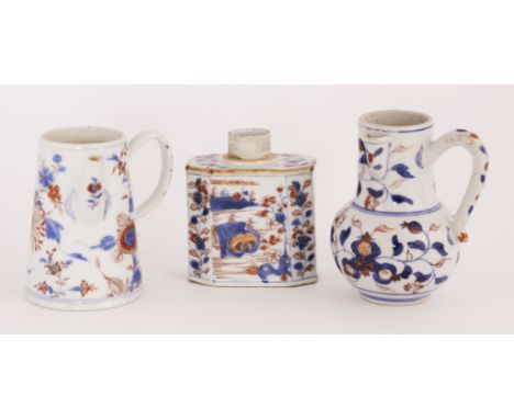 Three pieces of Chinese porcelain,Kangxi (1662-1722), a tea caddy and two chocolate pots, all with Imari-style decoration,cad