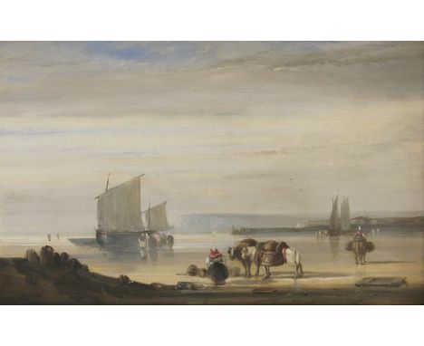 Circle of Nicholas Condy (1793-1857)A SHORE SCENE WITH FIGURES AND BEACHED VESSELSOil on panel33 x 40cm