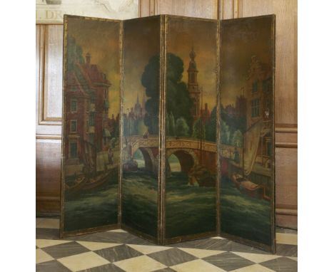 A four-panel folding leather screen,late 19th century, painted all over in oils with a Dutch town scene, a river, bridge, fig