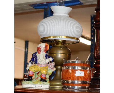 PARAFFIN LAMP WITH SHADE &amp; FUNNEL, STAFFORDSHIRE STYLE FIGURINE ORNAMENT &amp; OAK &amp; E.P.N.S. BISCUIT BARREL     