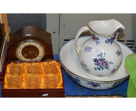 BASIN &amp; EWER, BOXED SET OF 6 EDINBURGH CRYSTAL TUMBLERS &amp; MAHOGANY CASED CLOCK     