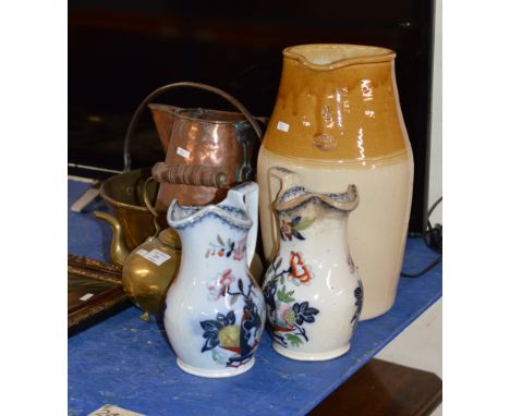 BRASS  JELLY PAN, COPPER JUG, BRASS KETTLE, LARGE CERAMIC JUG &amp; 2 OTHER JUGS     
