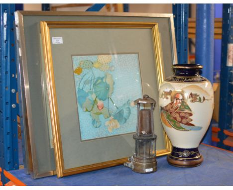 3 FRAMED PICTURES, JAPANESE SATSUMA STYLE VASE WITH WOODEN STAND &amp; OLD MINERS LAMP     