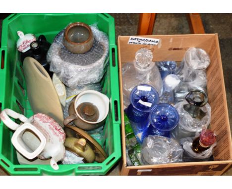 2 BOXES CONTAINING MIXED CERAMICS &amp; GLASS WARE, VARIOUS STUDIO POTTERY, LIDDED TEAPOT, STEM GLASSES, DECANTERS ETC     