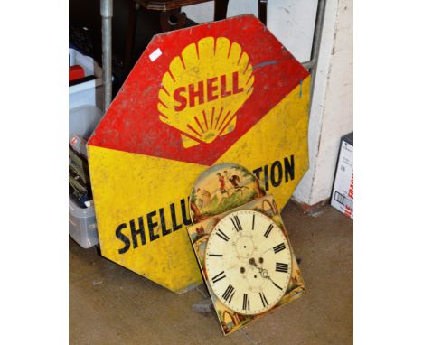 VINTAGE METAL "SHELL" SIGN &amp; GRANDFATHER CLOCK FACE     