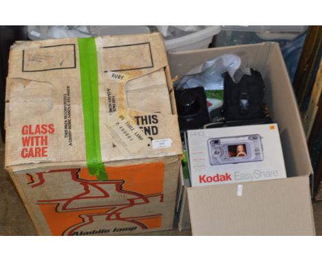 PARAFFIN LAMP IN BOX &amp; BOX WITH VARIOUS CAMERAS &amp; ACCESSORIES     