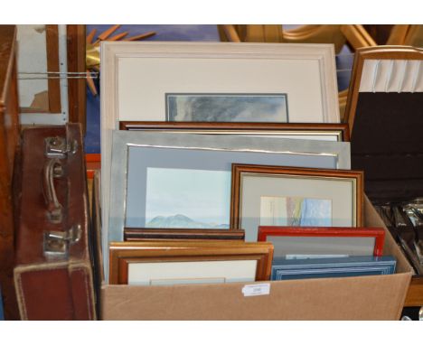 BOX WITH ASSORTED SMALL FRAMED PICTURES, WATERCOLOURS ETC &amp; SMALL VINTAGE CASE     