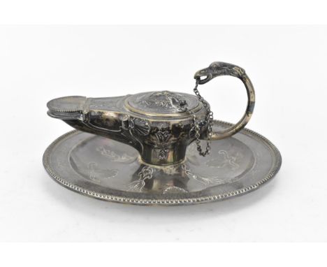 A Victorian Scottish silver table oil lamp, Edinburgh 1869, in the Classical style with eagle head finial to the handle, bear