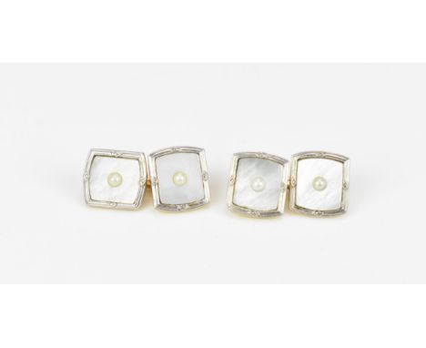 A pair of 18ct yellow gold, platinum, mother of pearl and seed pearl cuff links, combined weight 7.2 grams 